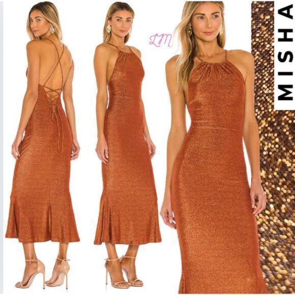MISHA Revolve Greta Dress Copper Size Small Metallic Stretch Jersey‎